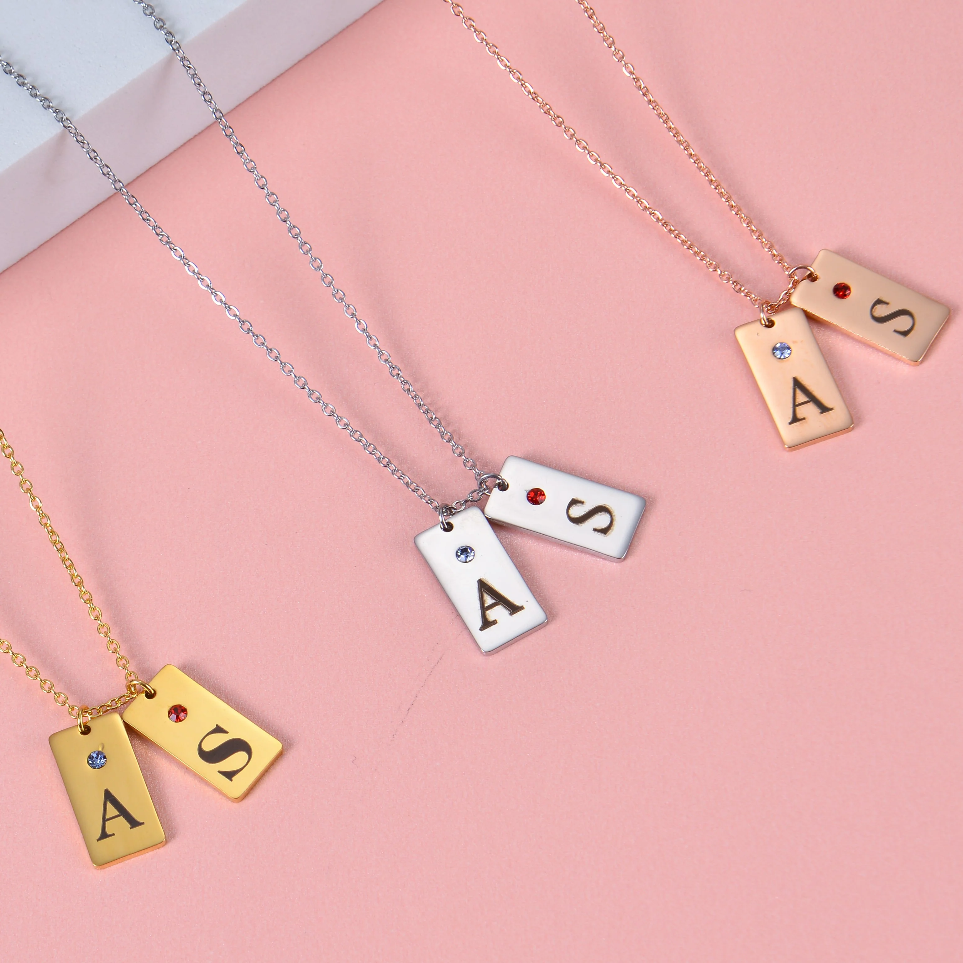 Custom Two Initial Bar Necklaces with Birthstone - Image 2