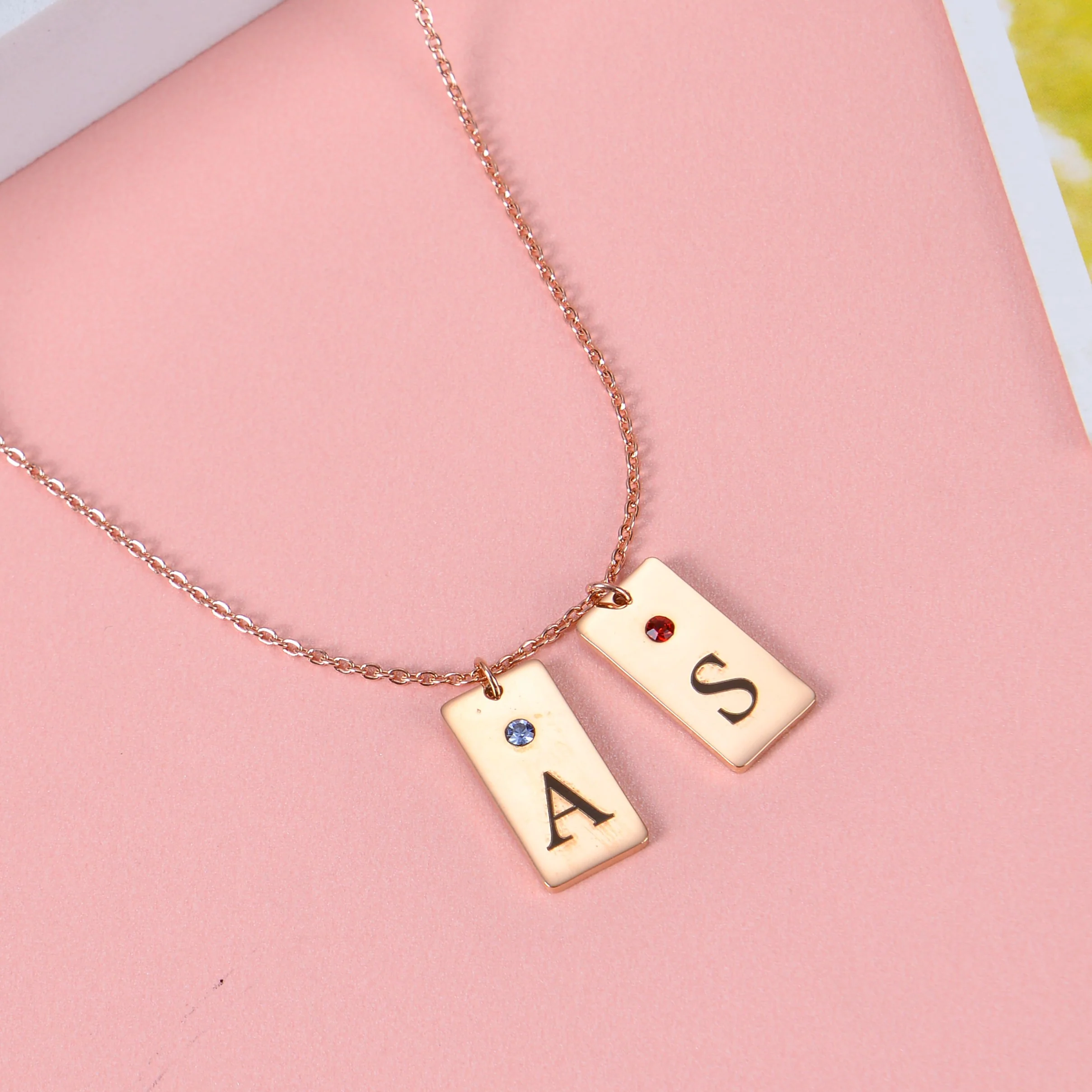Custom Two Initial Bar Necklaces with Birthstone - Image 3