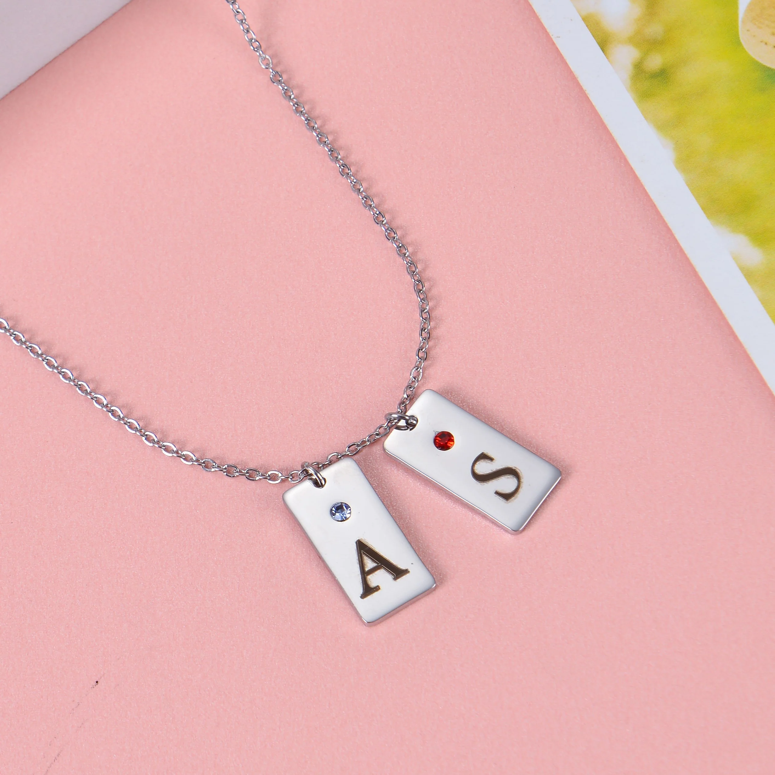Custom Two Initial Bar Necklaces with Birthstone - Image 4