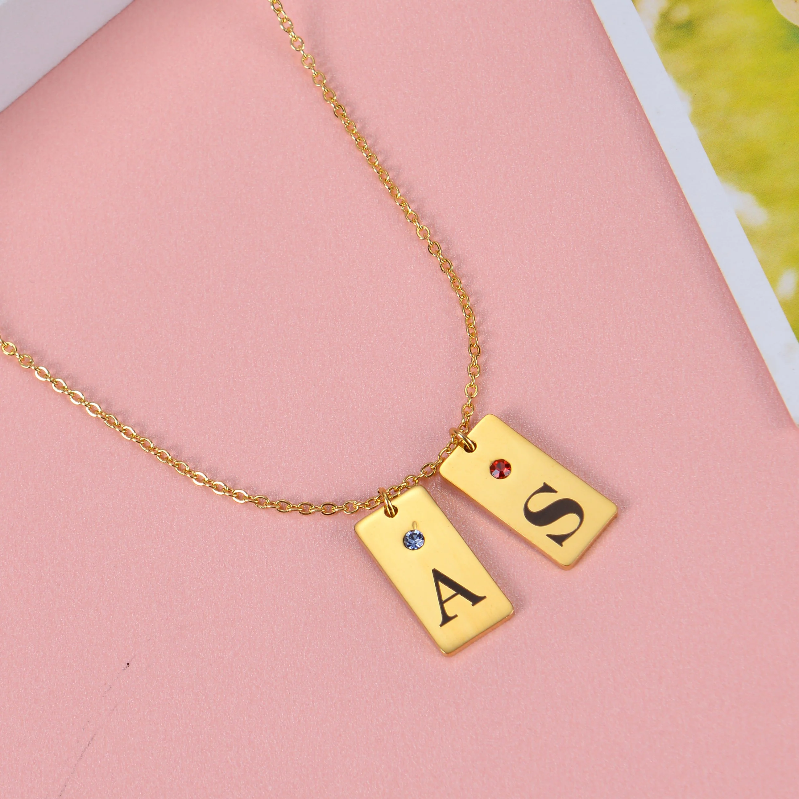 Custom Two Initial Bar Necklaces with Birthstone - Image 5