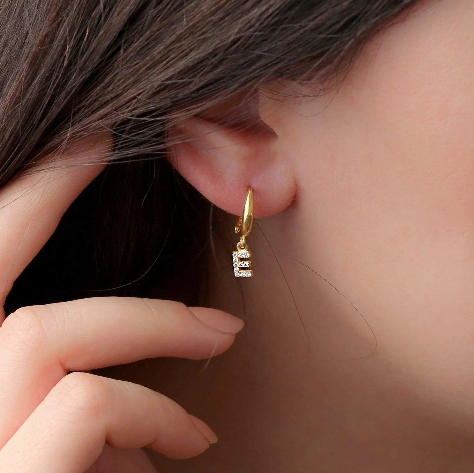 Diamond Studded Initial Earrings in Hoops & Studs - Image 3