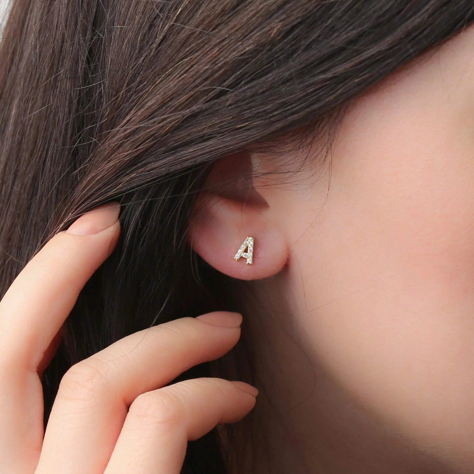 Diamond Studded Initial Earrings in Hoops & Studs - Image 4
