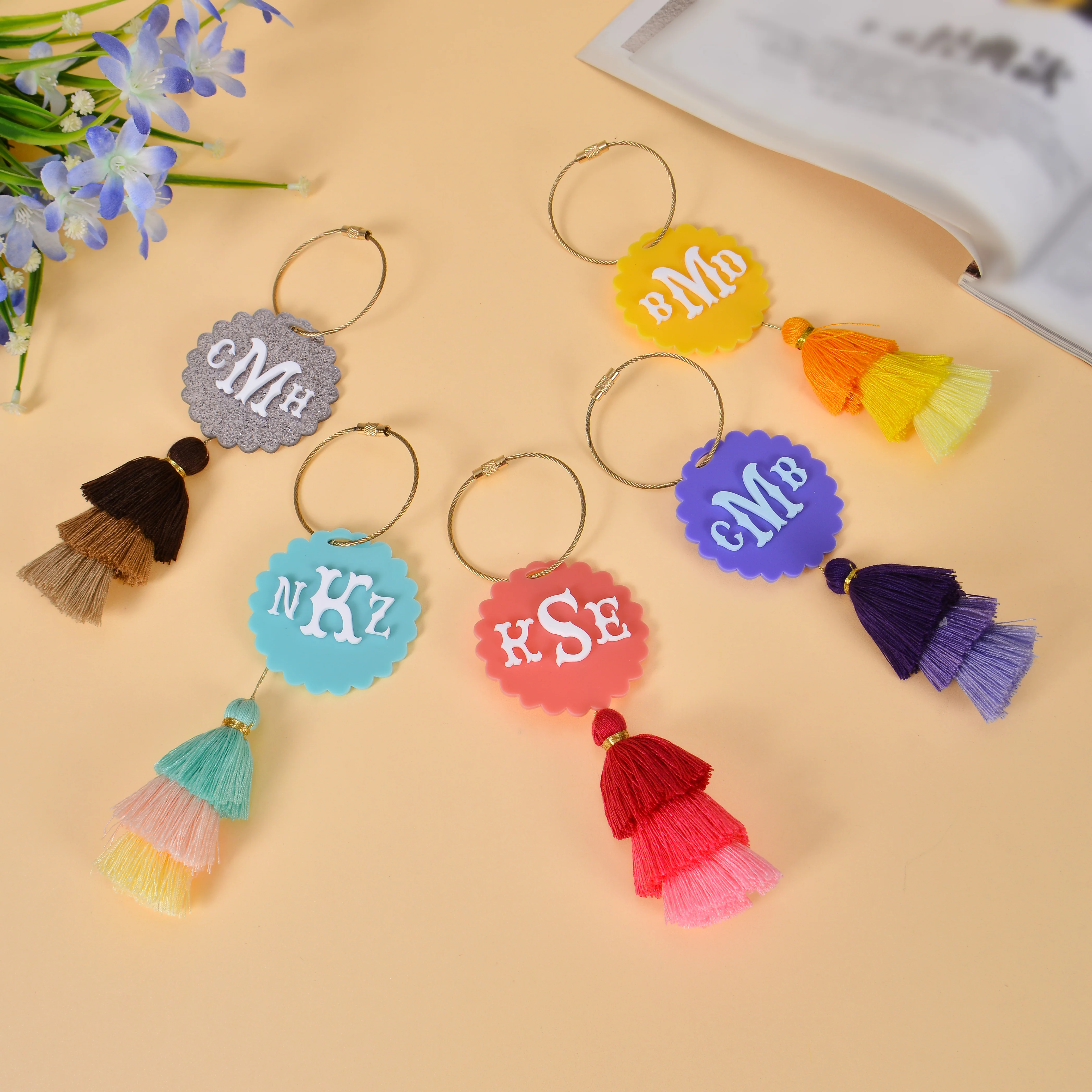 Personalized Acrylic Initials Keychain with Colorful Tiered Tassels