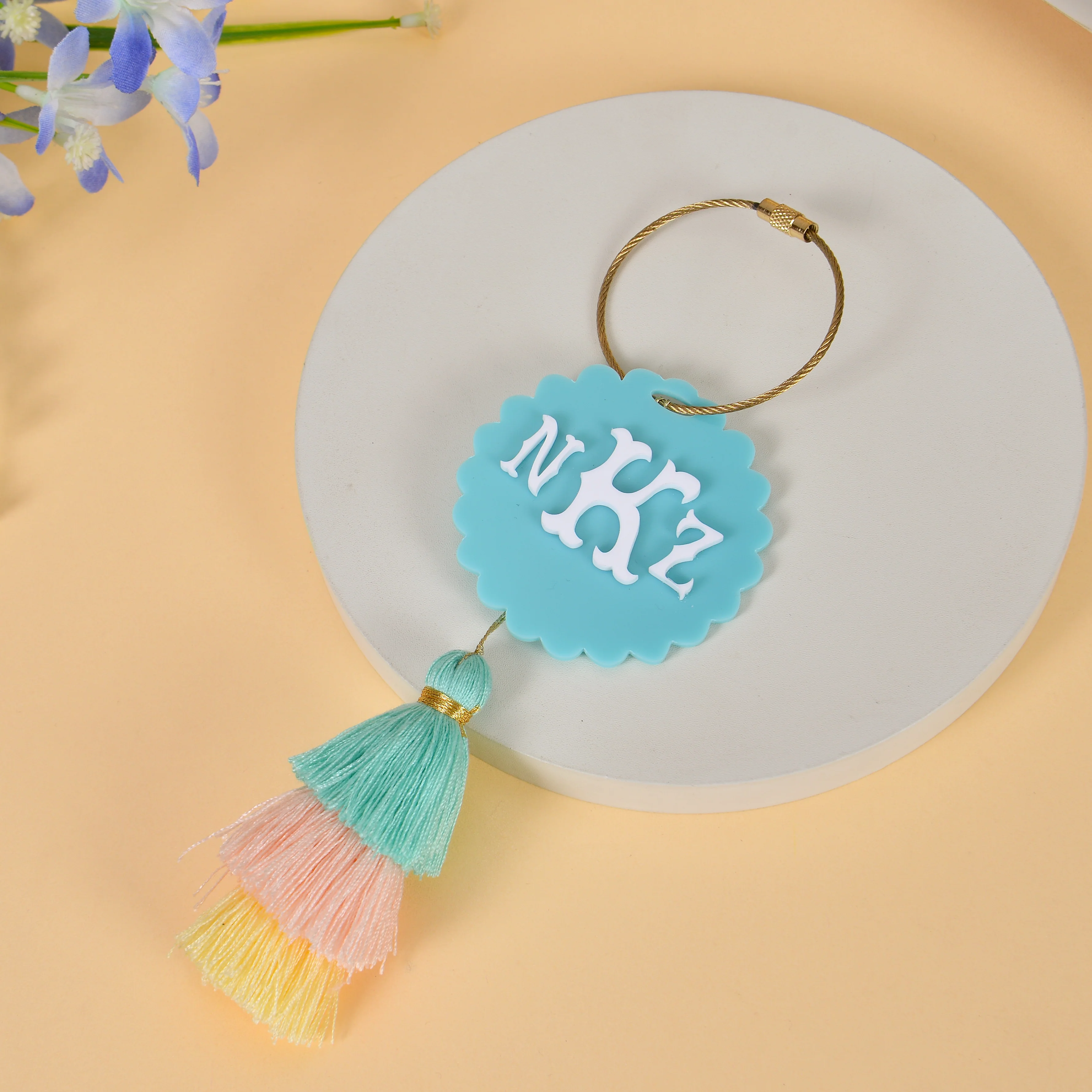 Personalized Acrylic Initials Keychain with Colorful Tiered Tassels - Image 3