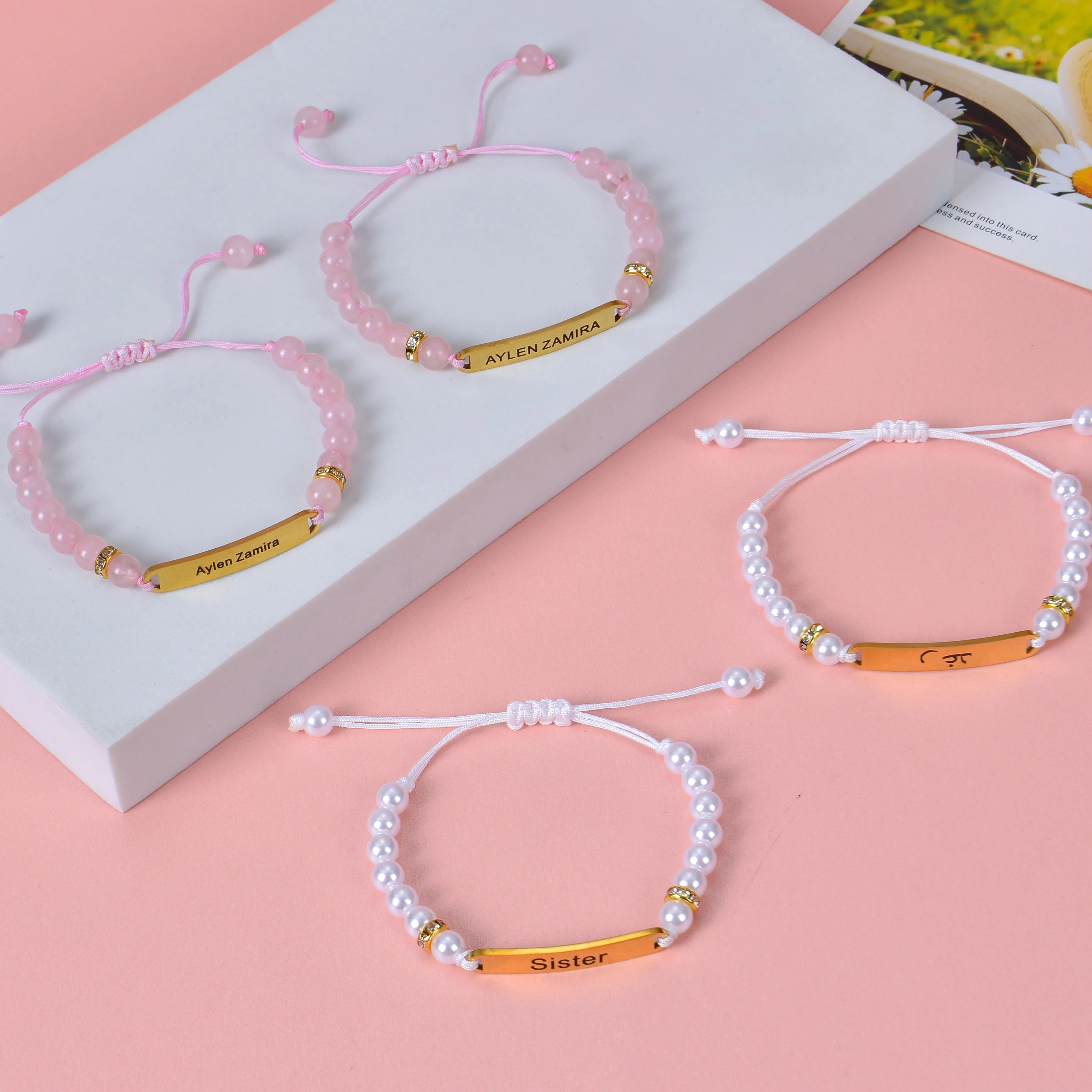 Personalized Adjustable Name Engraved Beaded Bracelet - Image 2