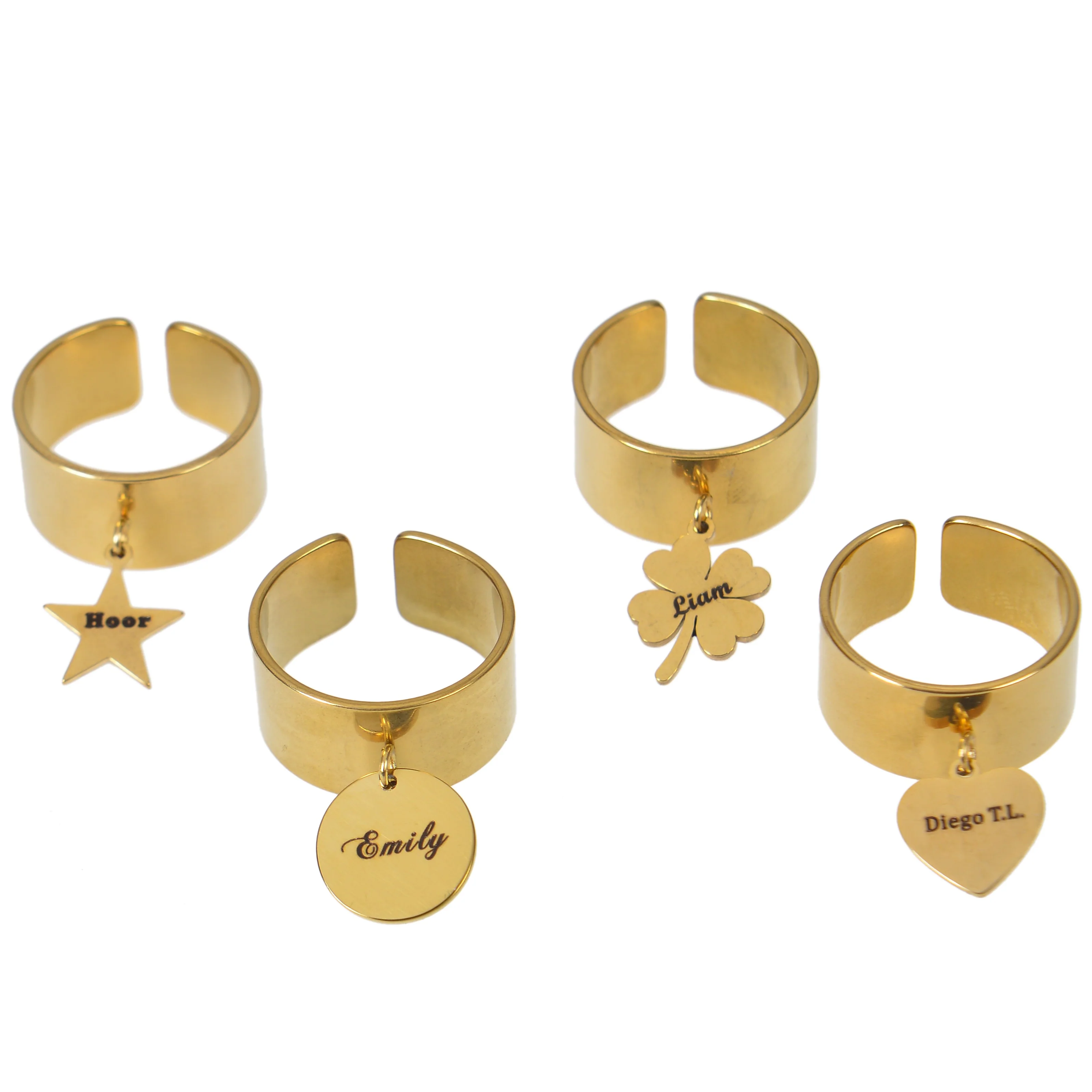 Personalized Adjustable Rings with Custom Name Charms – Star, Circle, Clover & Heart Designs