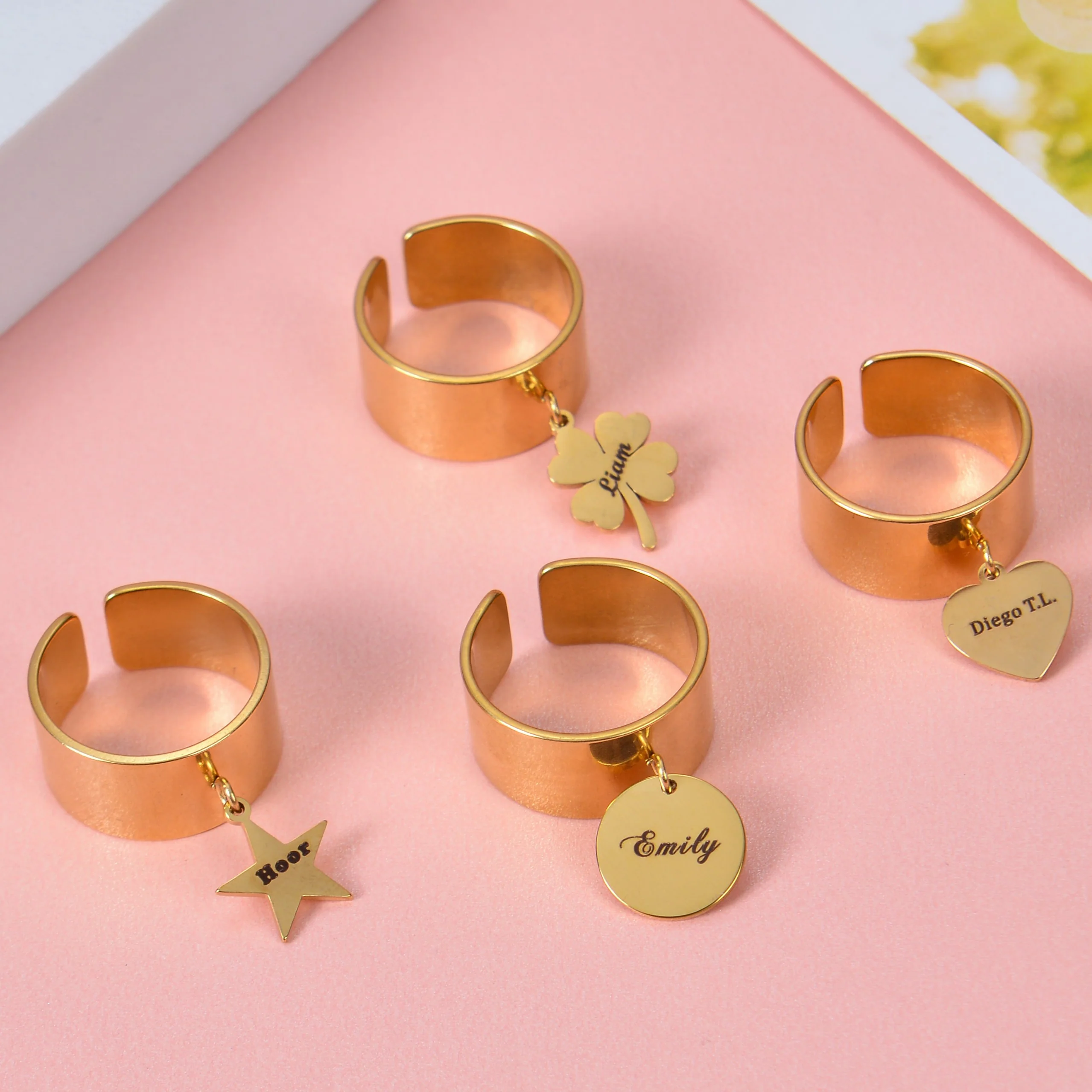 Personalized Adjustable Rings with Custom Name Charms – Star, Circle, Clover & Heart Designs - Image 2