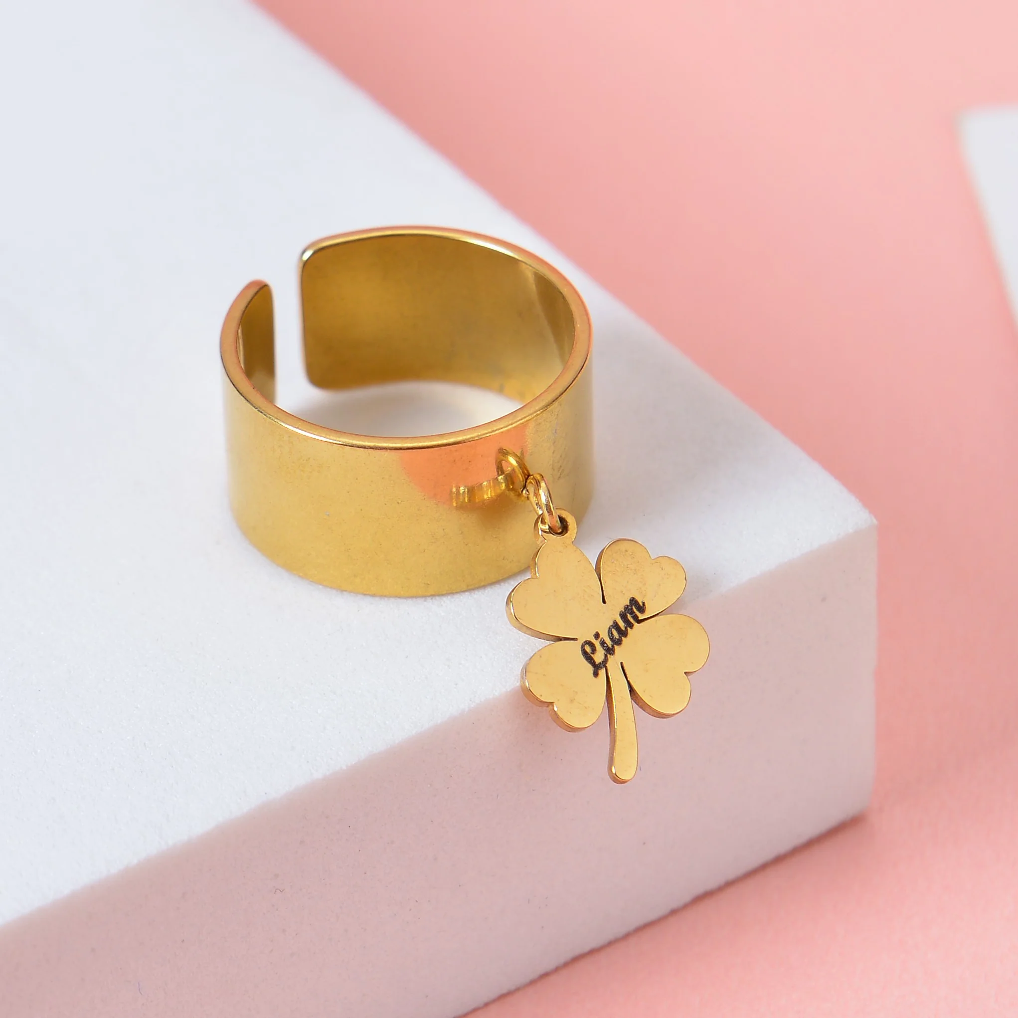 Personalized Adjustable Rings with Custom Name Charms – Star, Circle, Clover & Heart Designs - Image 3