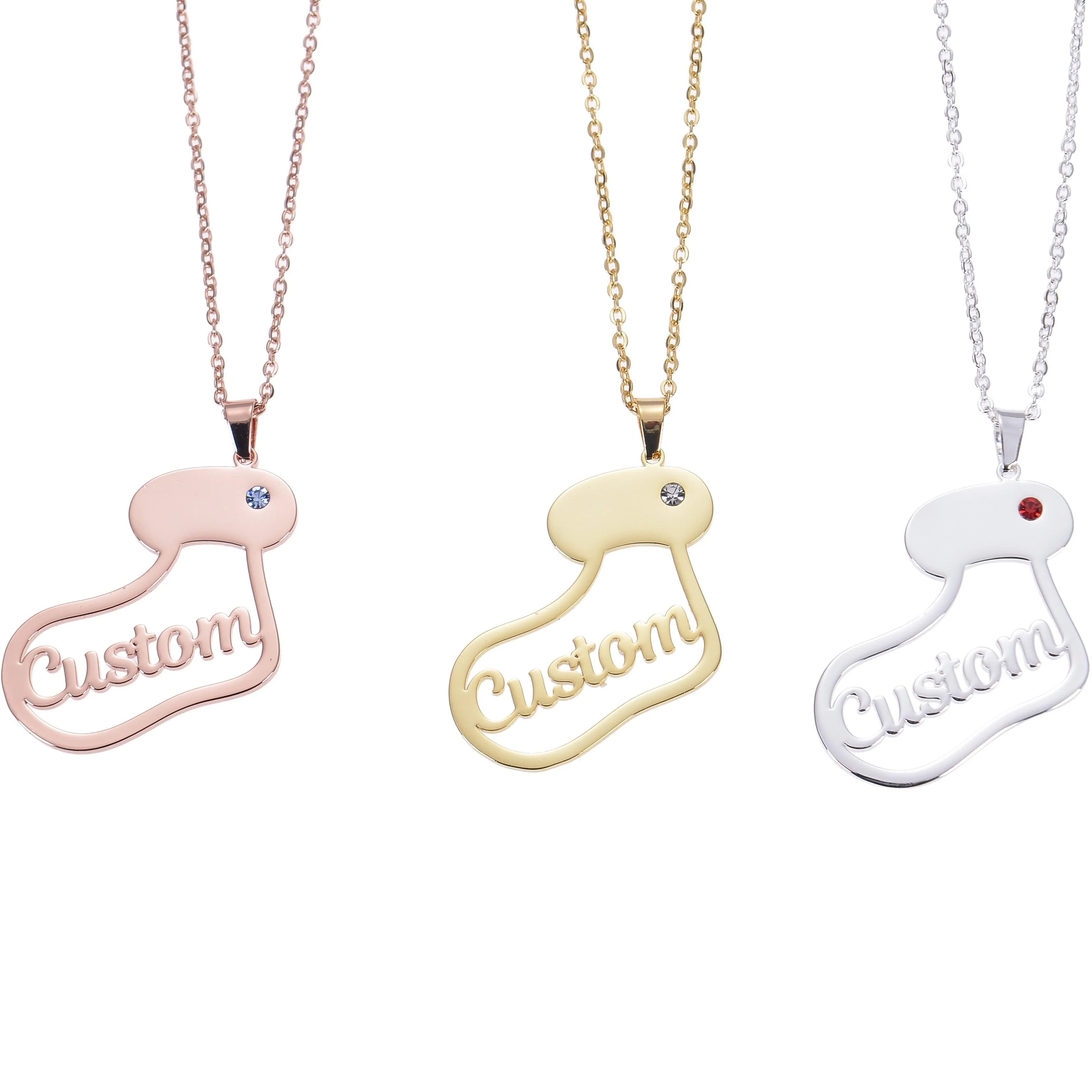 Personalized Christmas Sock Name Necklace with Gemstone