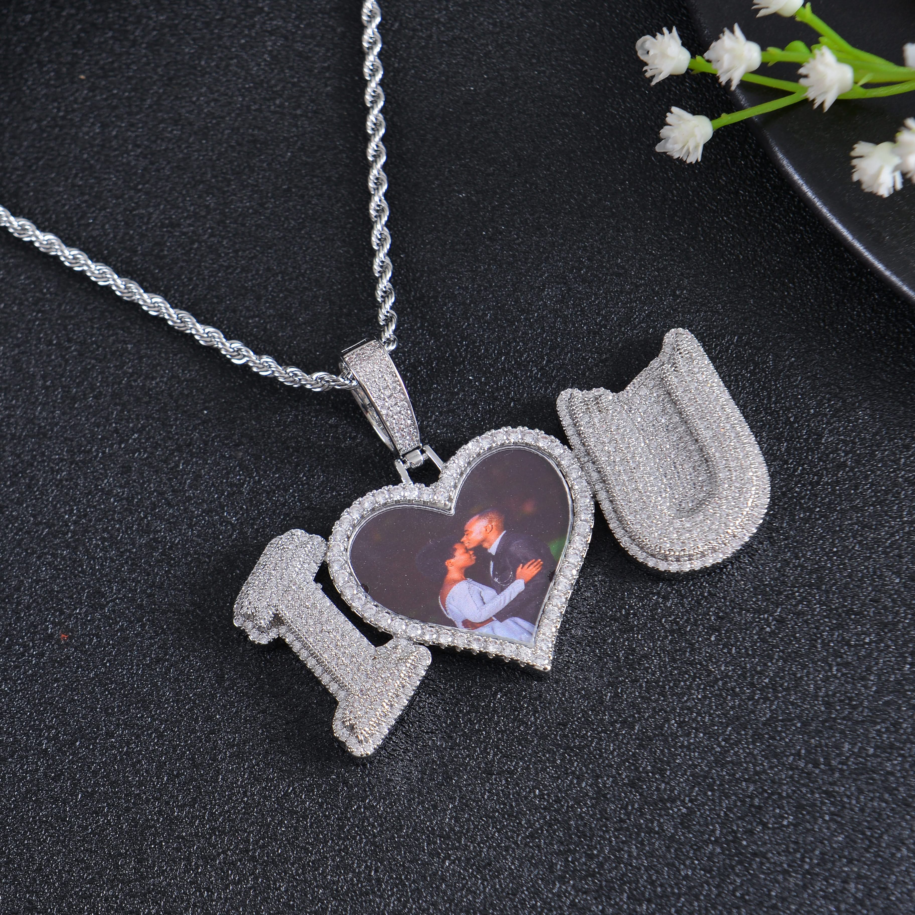 Personalized Diamond Studded I Love U Photo Heart Necklace - Image 2