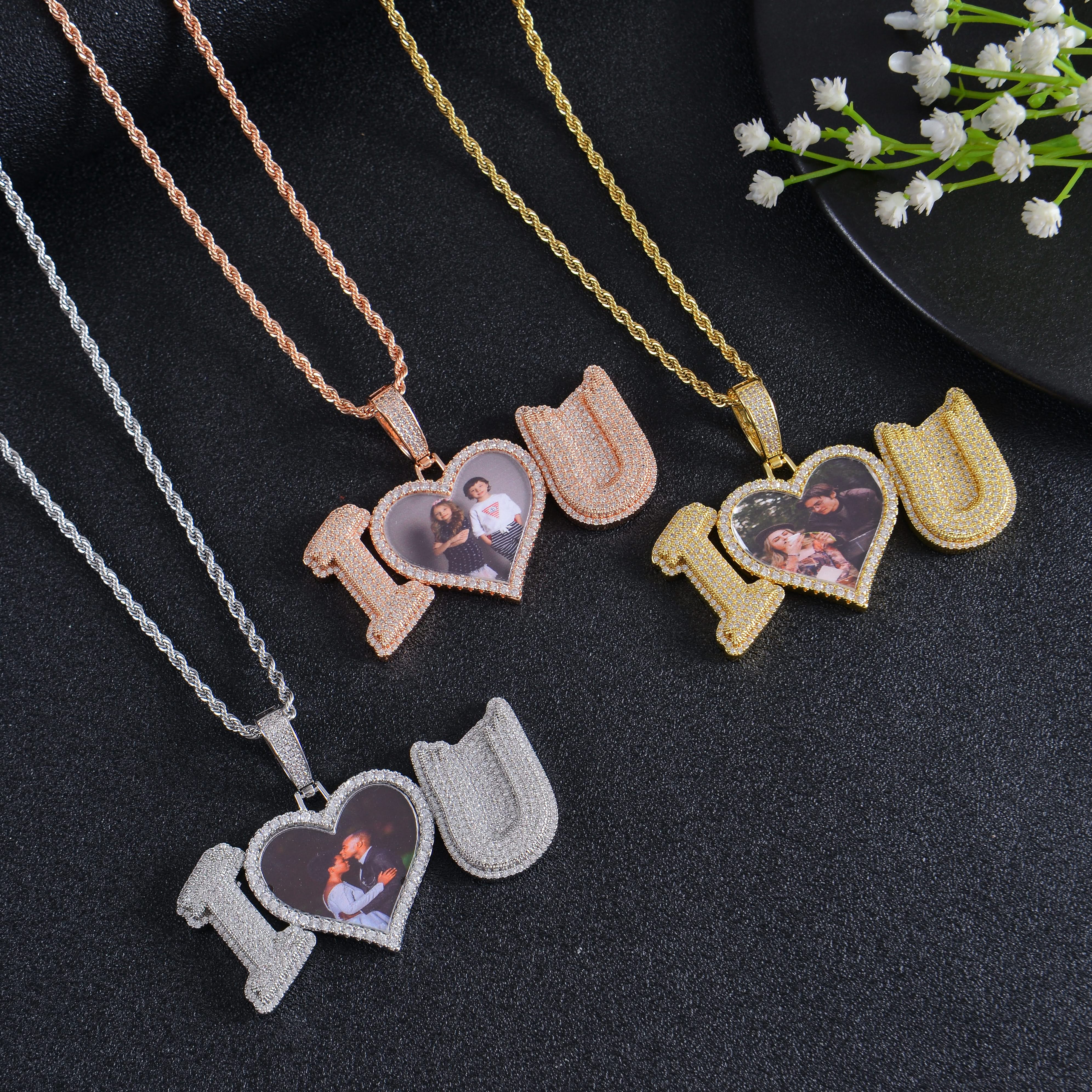 Personalized Diamond Studded I Love U Photo Heart Necklace - Image 5