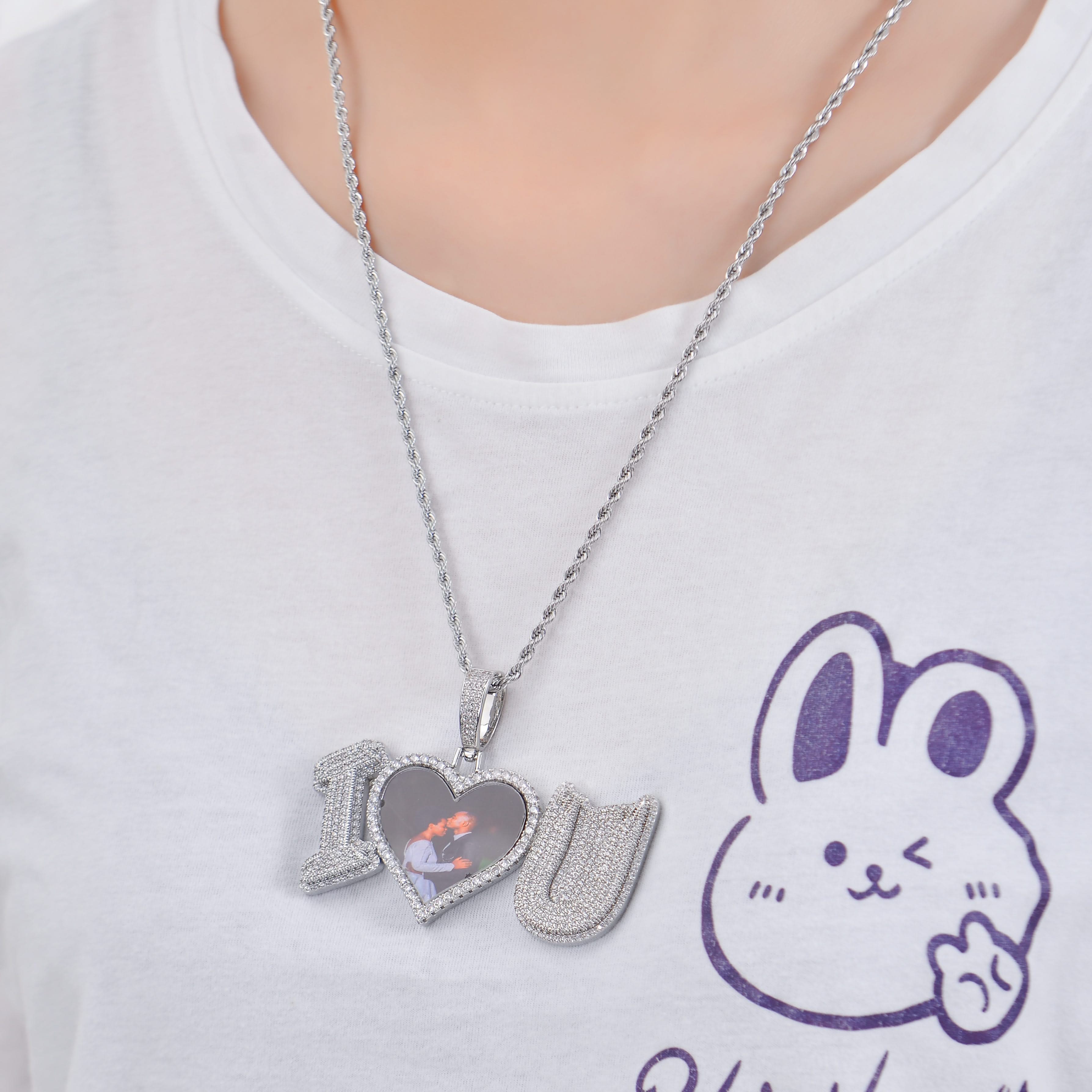 Personalized Diamond Studded I Love U Photo Heart Necklace - Image 7