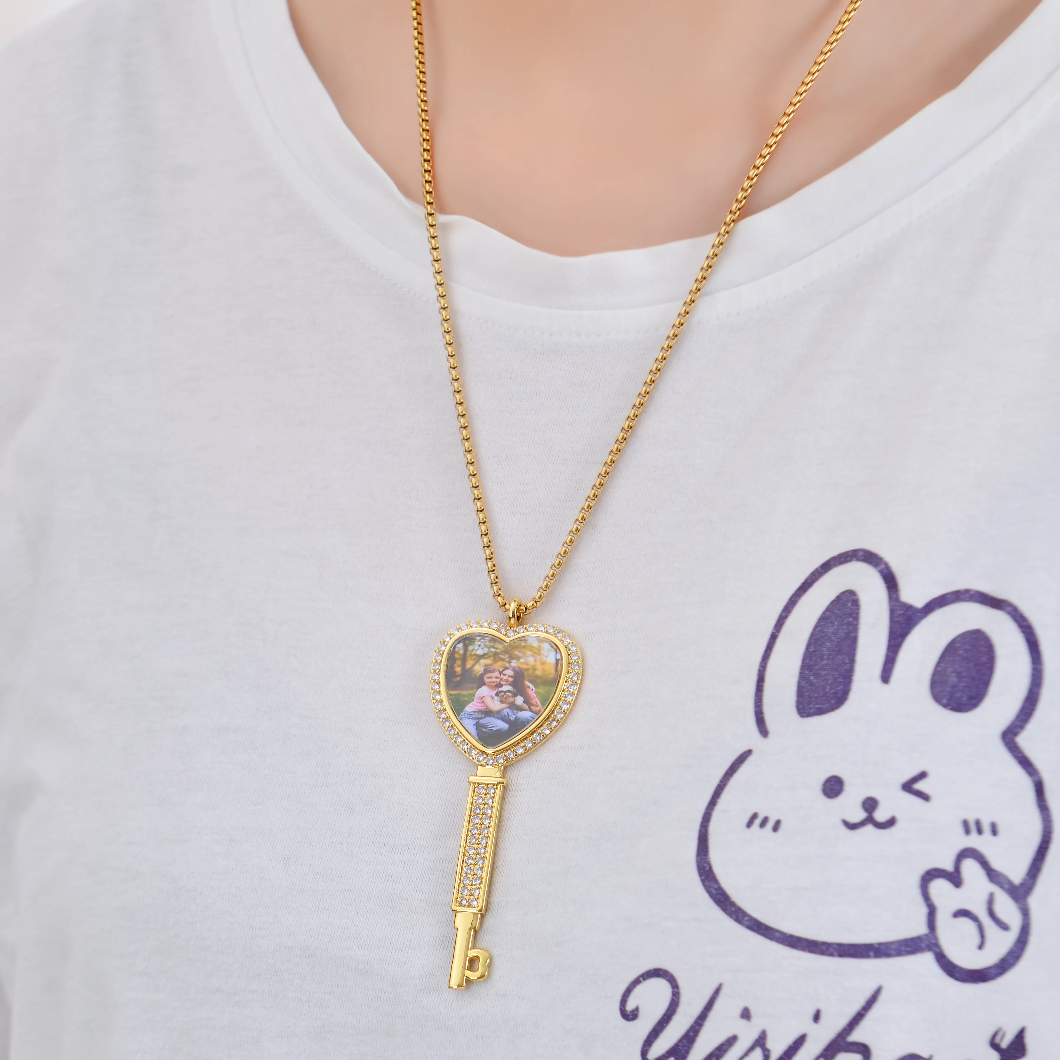 Personalized Diamond Studded Key Shaped Photo Necklace - Image 7