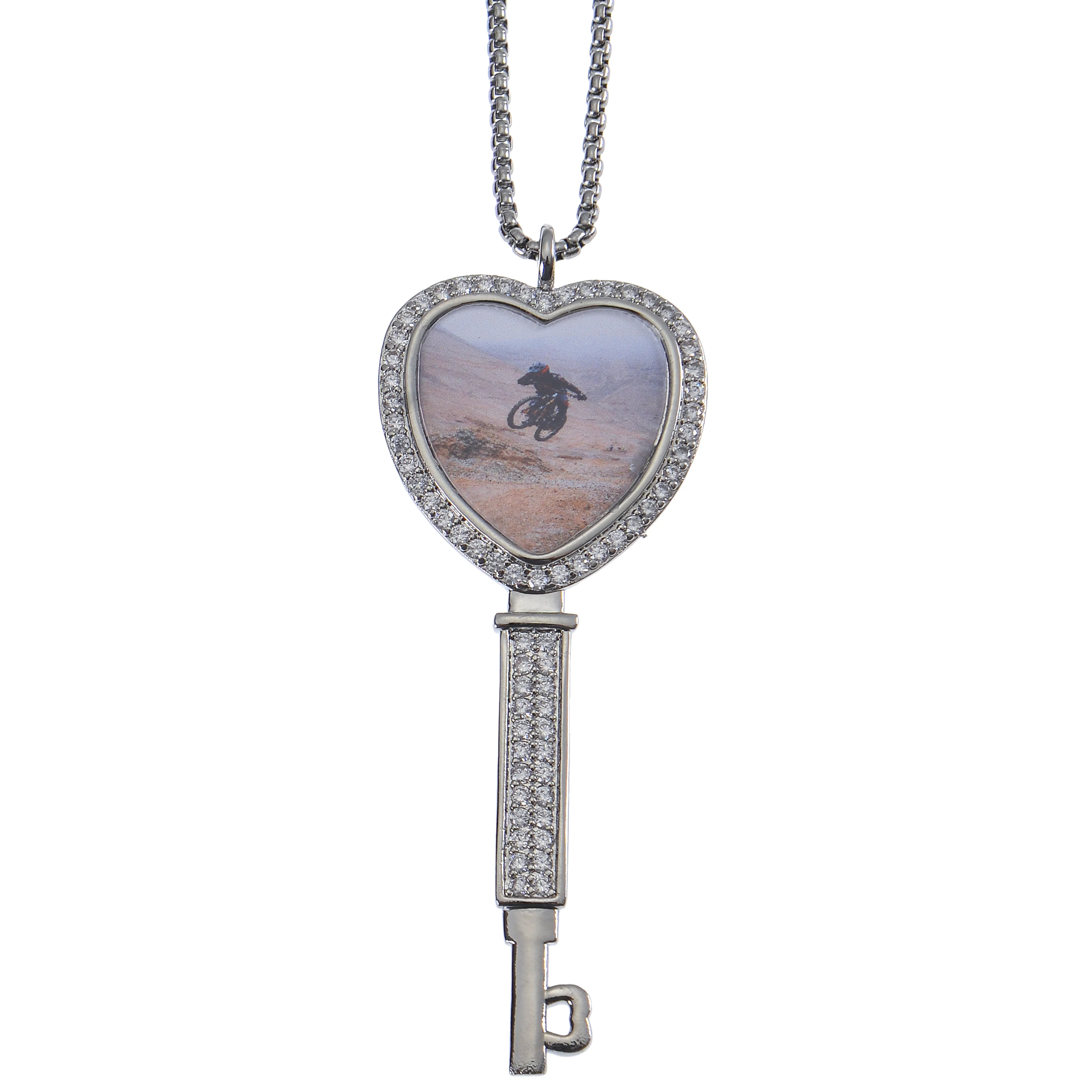Personalized Diamond Studded Key Shaped Photo Necklace - Image 8