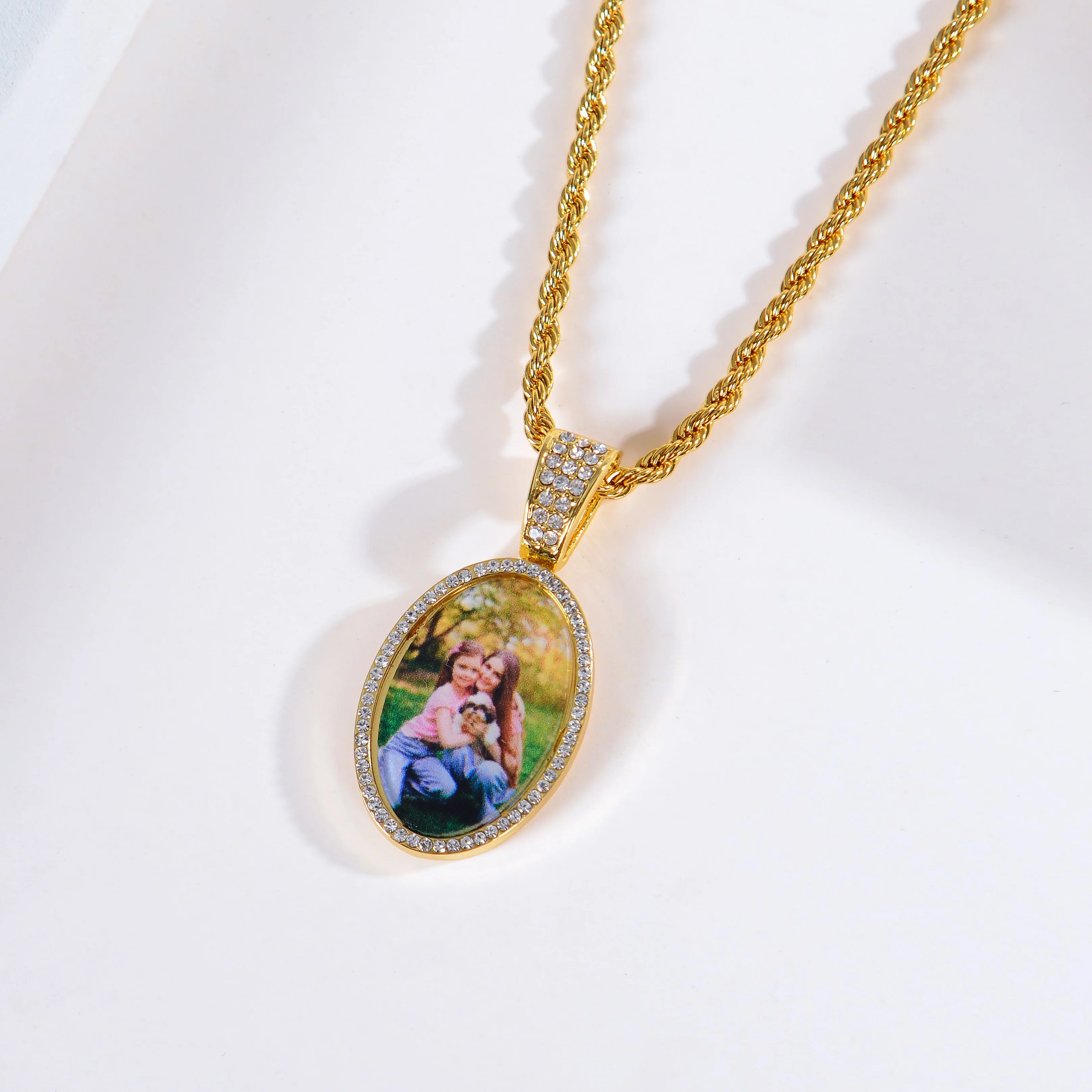 Personalized Diamond Studded Oval Colorful Photo Necklace - Image 7