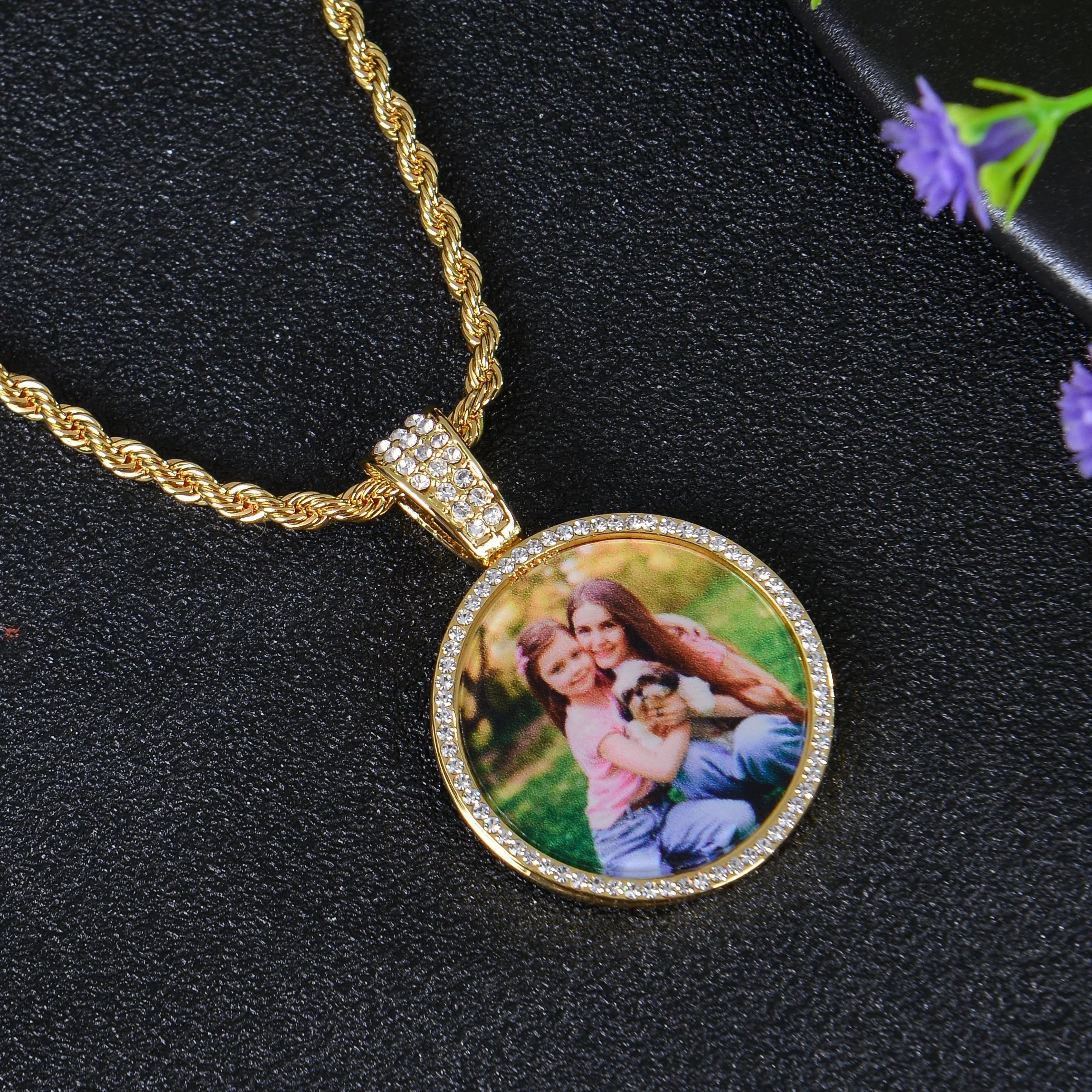 Personalized Diamond Studded Round Colorful Photo Necklace - Image 6