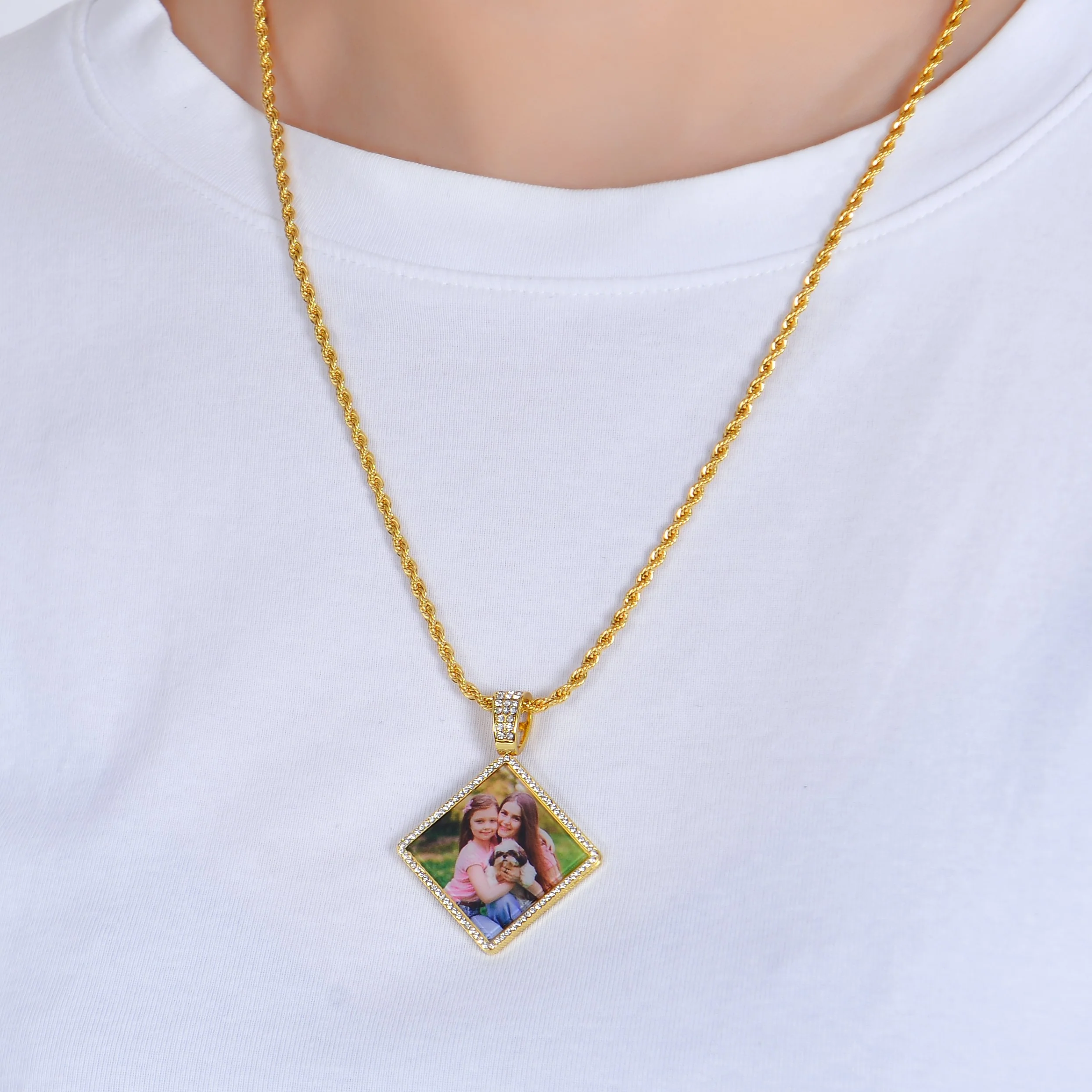 Personalized Diamond Studded Simple Diamond Shaped Colorful Photo Necklace - Image 2