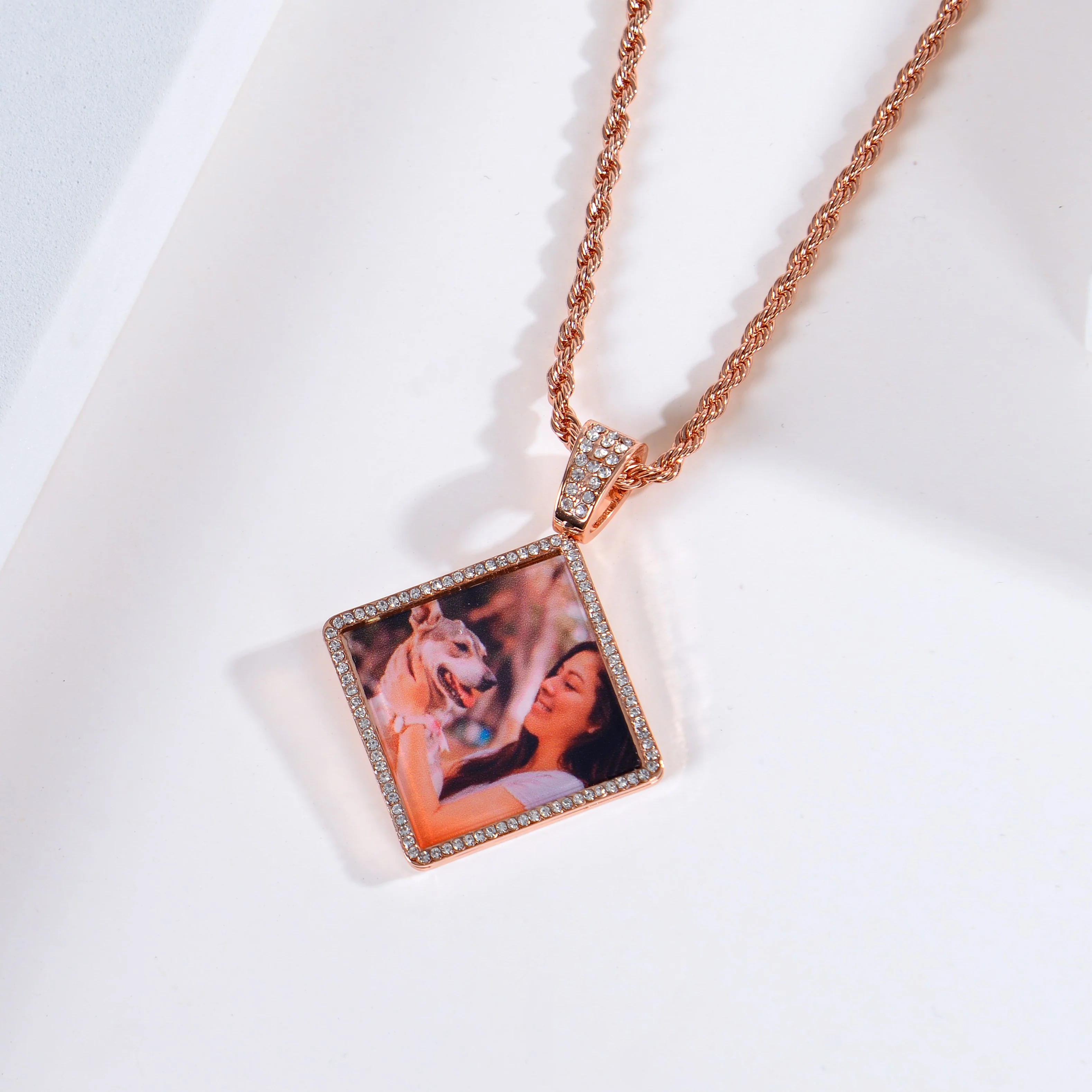 Personalized Diamond Studded Simple Diamond Shaped Colorful Photo Necklace - Image 4