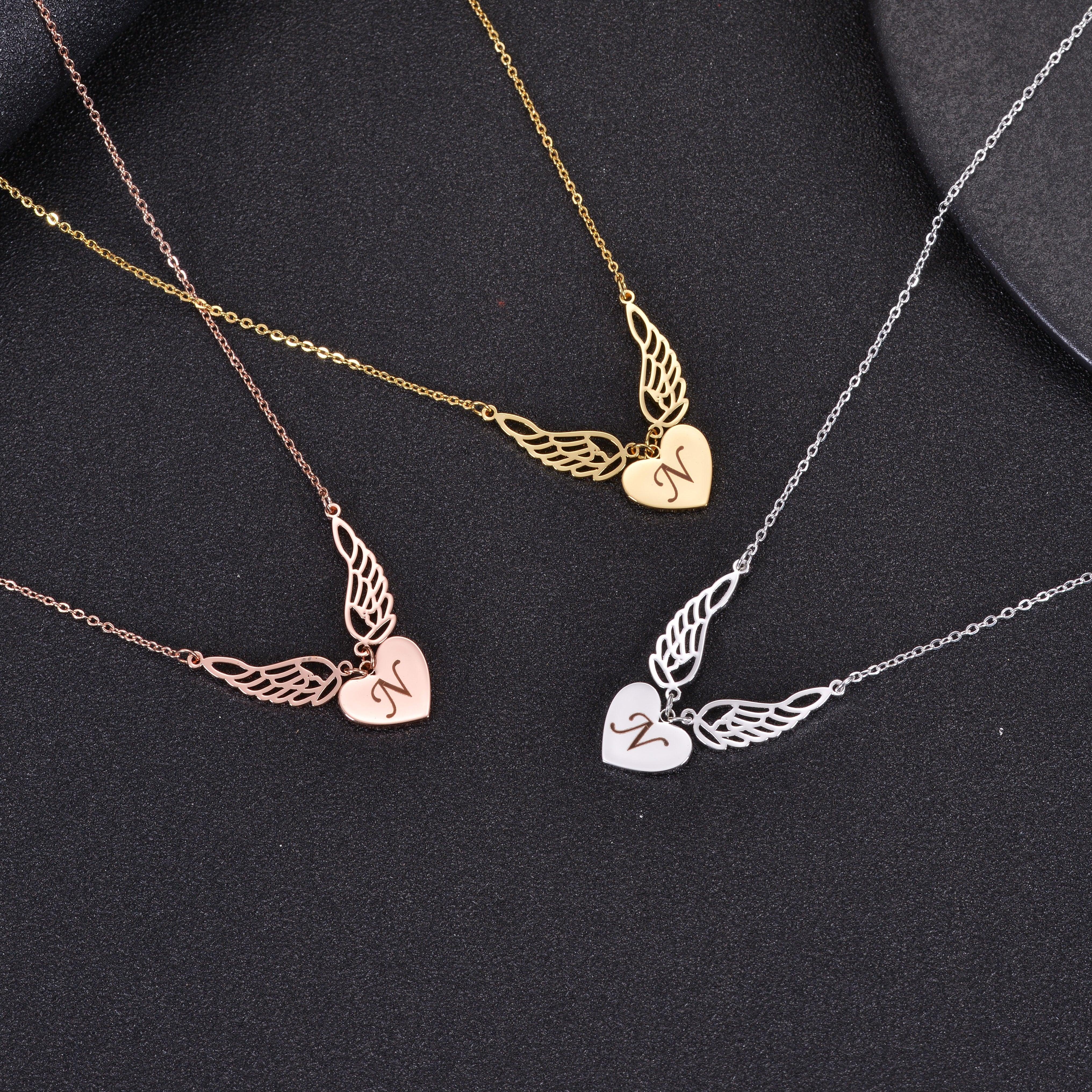 Personalized Initial Angel Wings Heart Pendant Necklace - Image 3