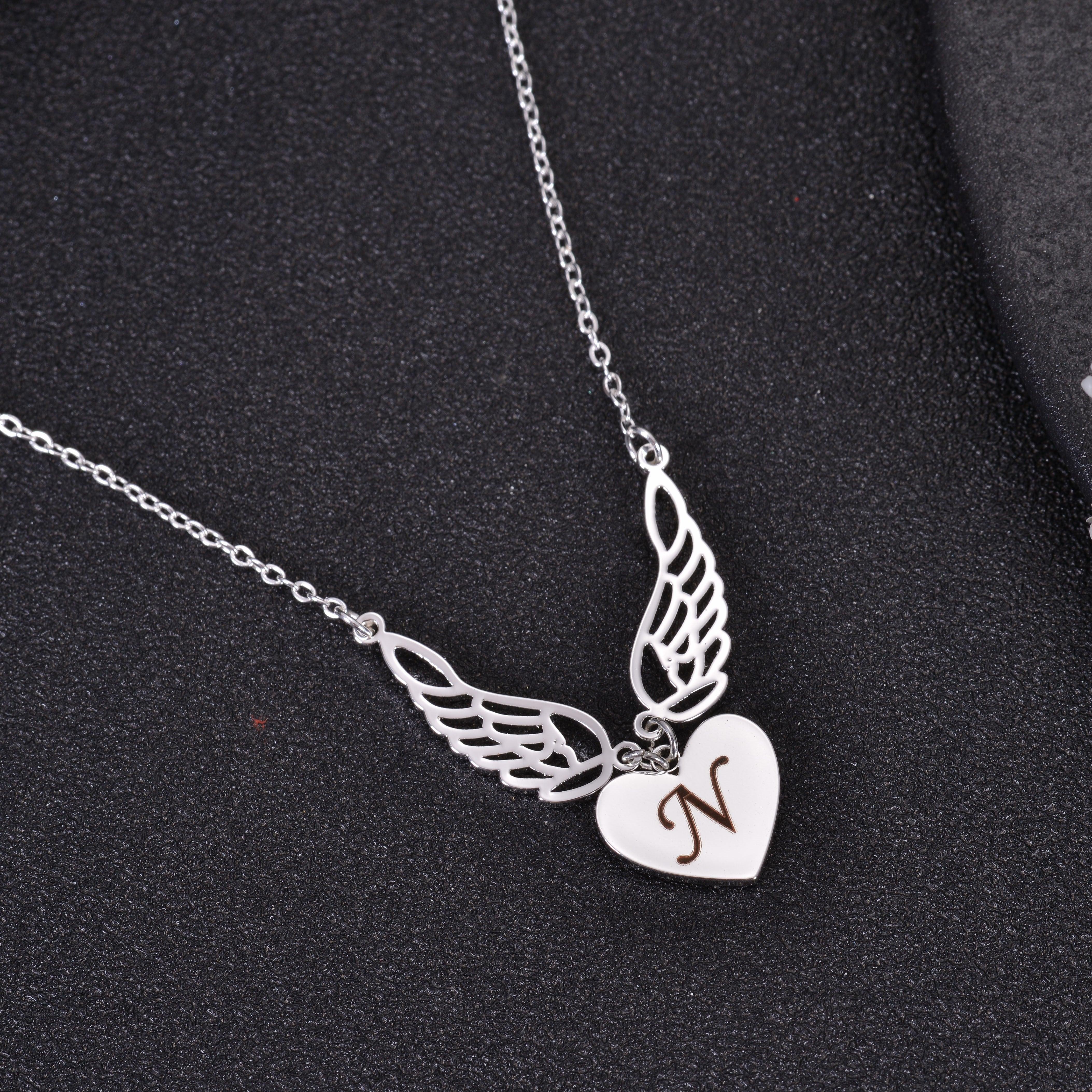 Personalized Initial Angel Wings Heart Pendant Necklace - Image 9