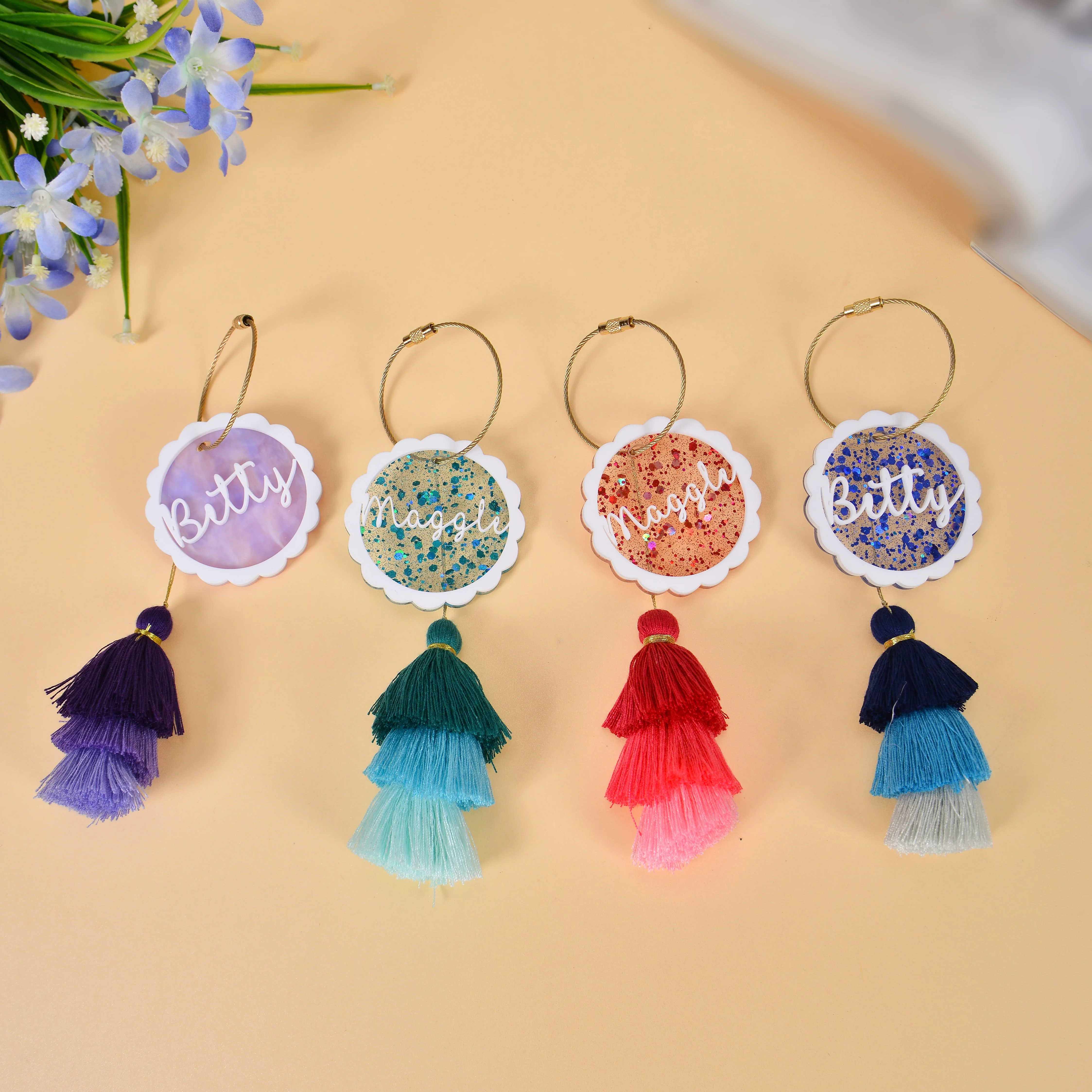 Personalized Glitter Name Acrylic Keychain with Layered Tassels