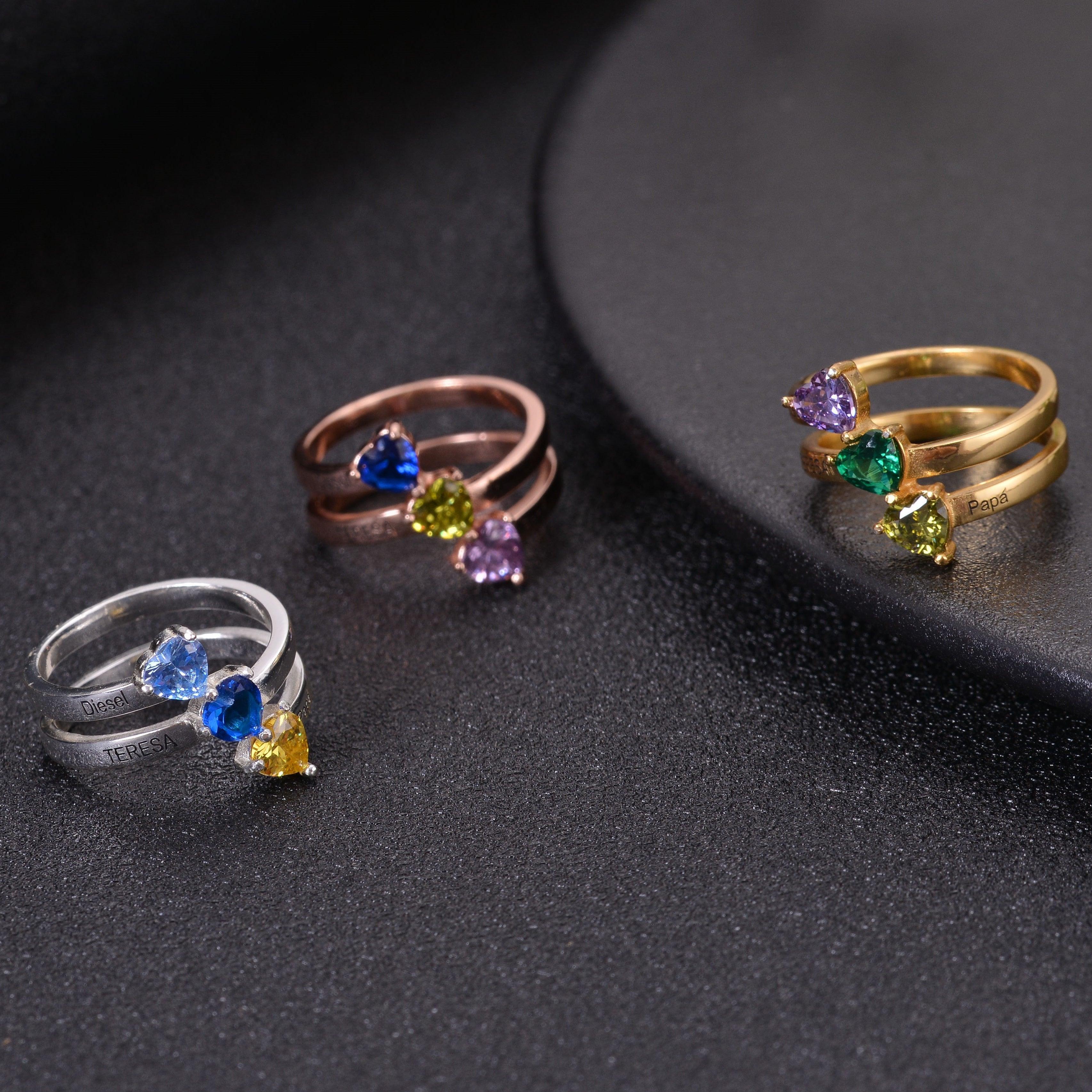 Personalized  Heart Birthstone Name Engraved Ring - Image 4