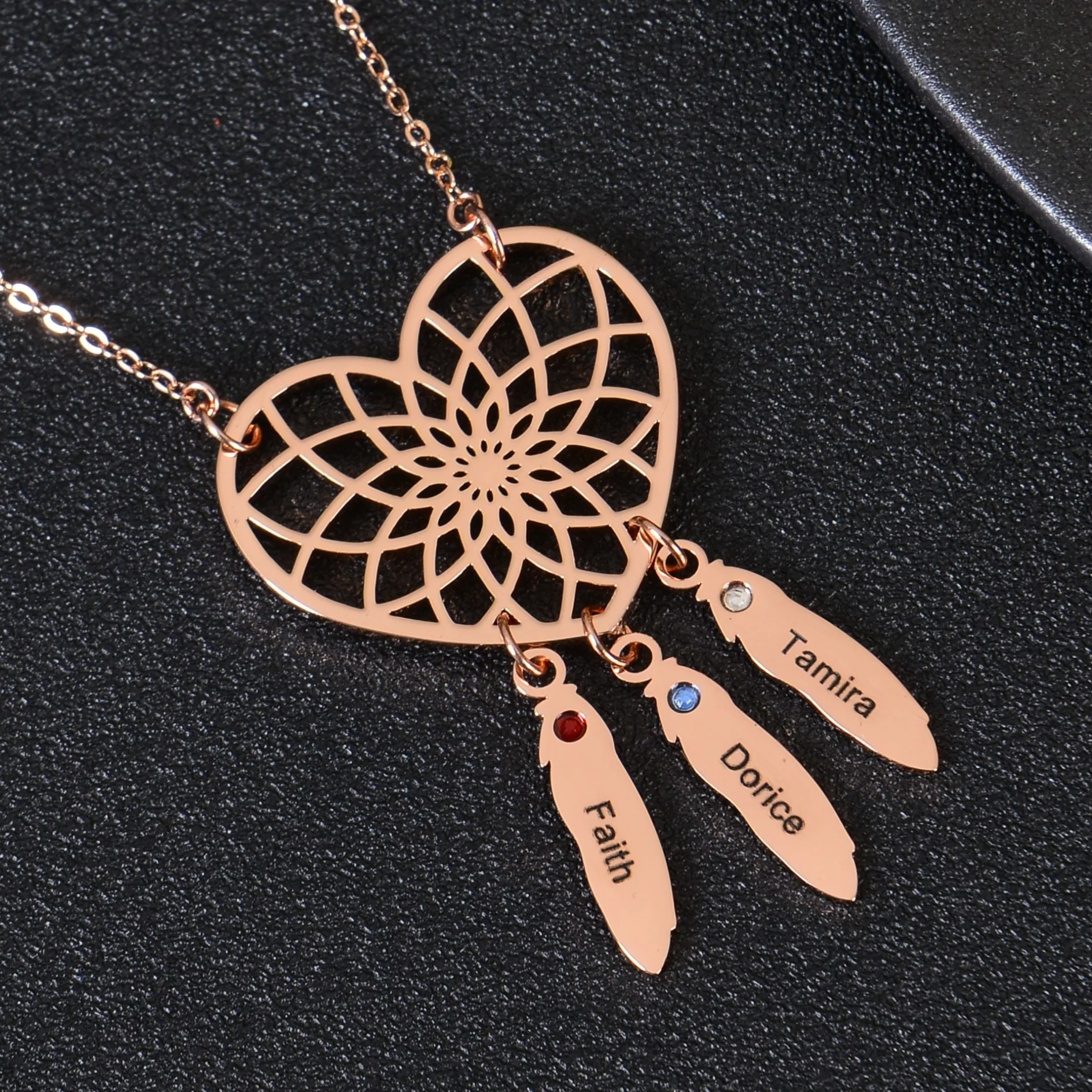 Personalized Heart Dream Catcher Multiple Name Necklace with Birthstone - Image 3