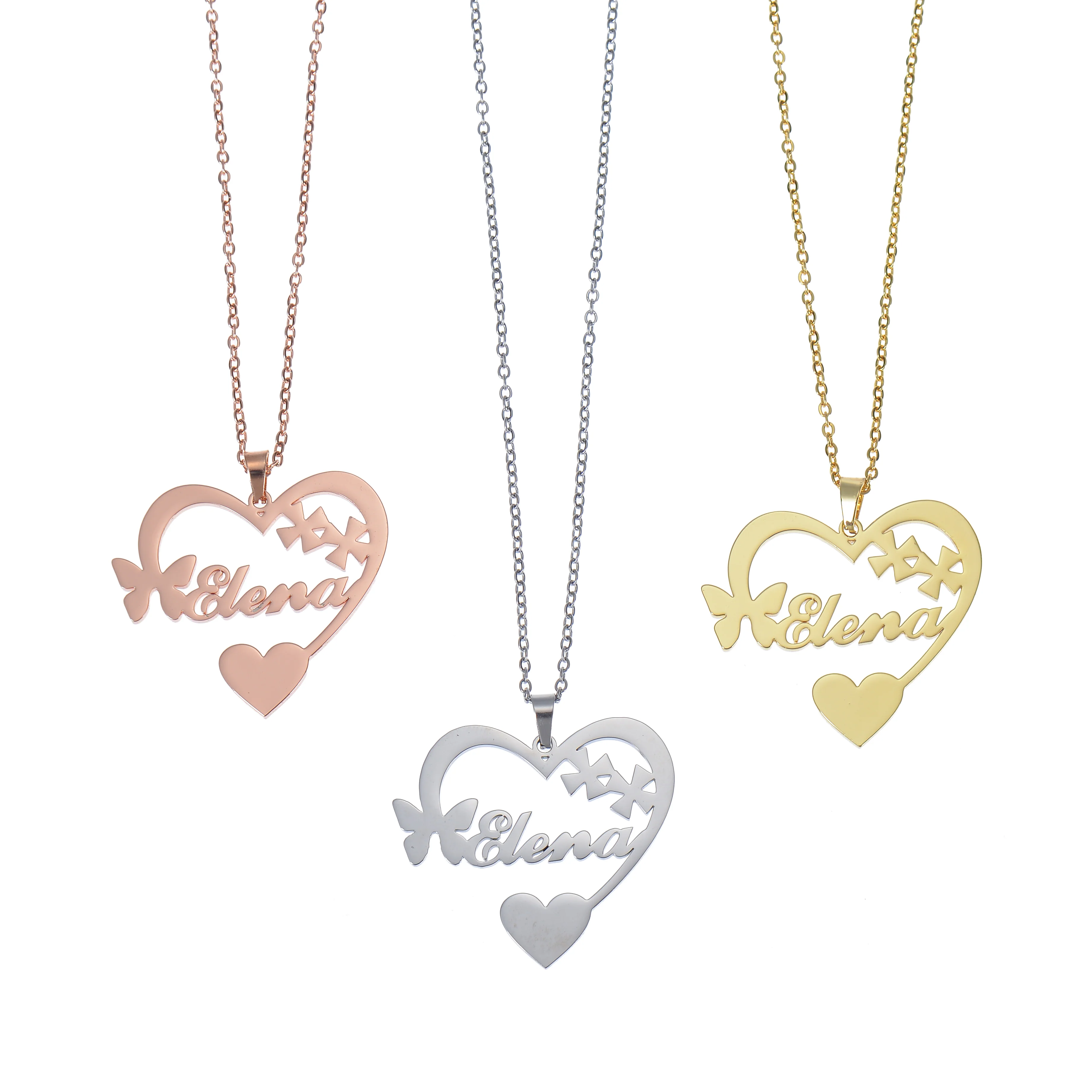 Personalized Heart Name Necklace with Stars & Bow