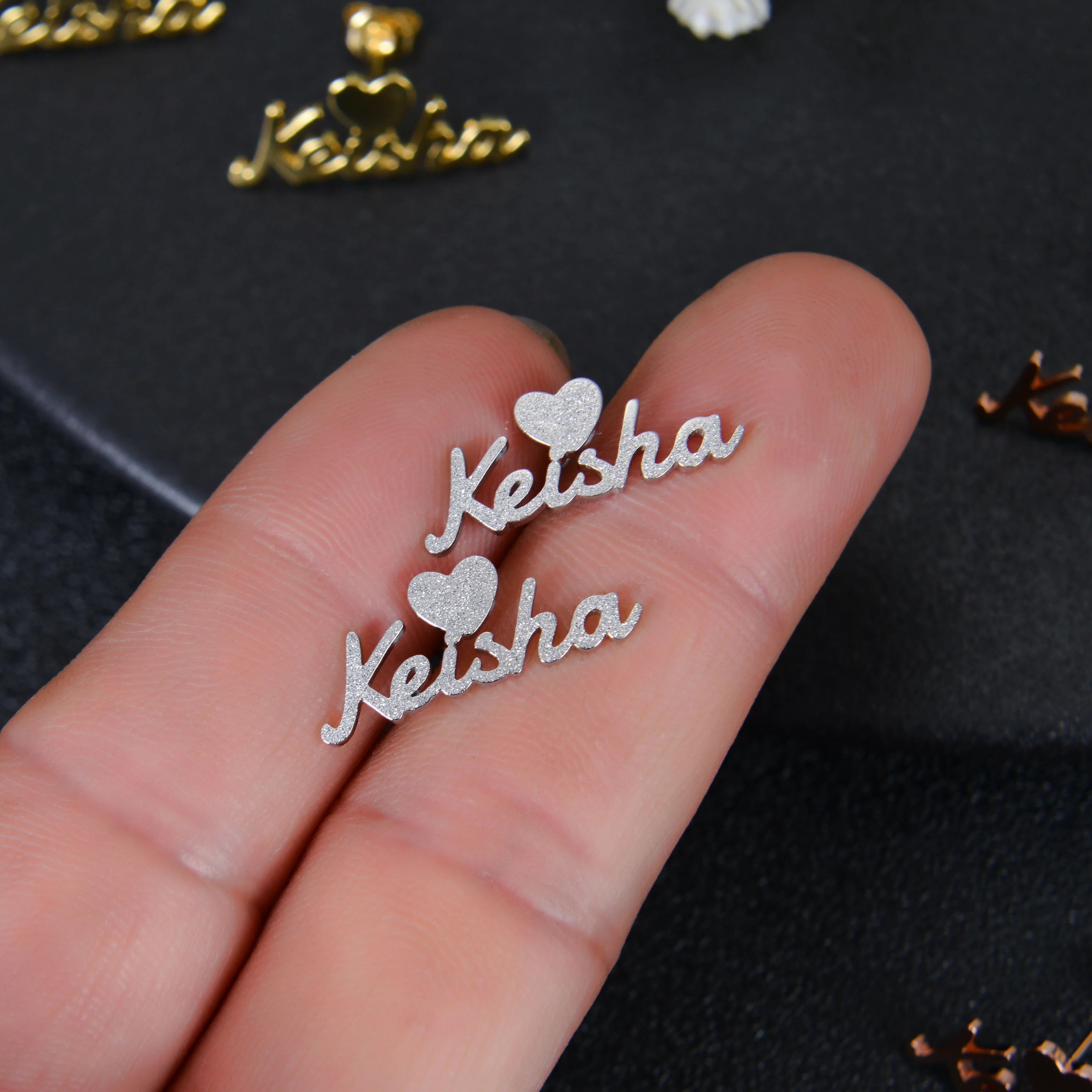 Personalized Sparkle Name Earrings with Heart - Image 5